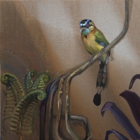 Clock-bird with sculptural ferns, 2026